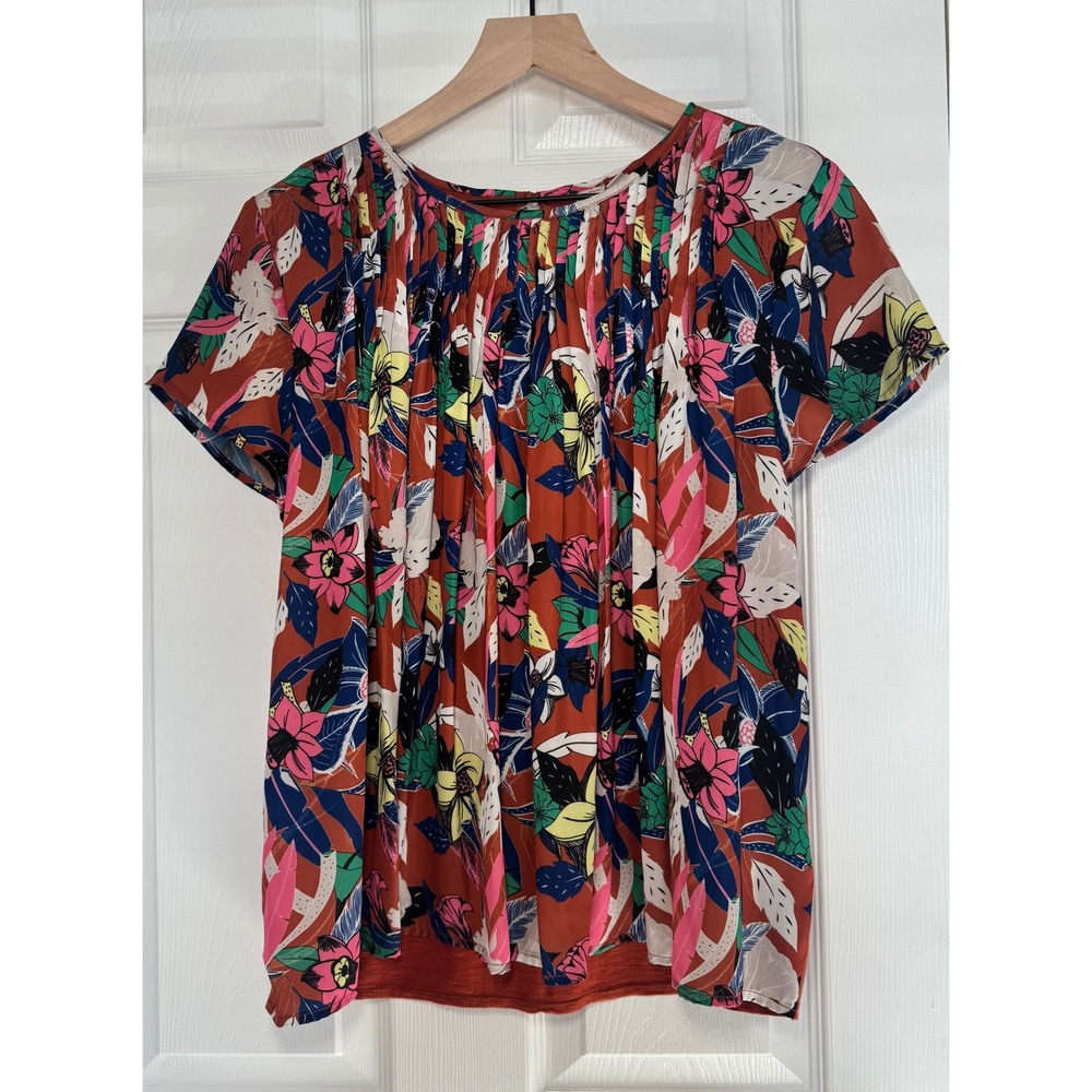 Anthropologie‎ Dolan Top Blouse Tropical Floral Pleated Mixed Media M  Boho